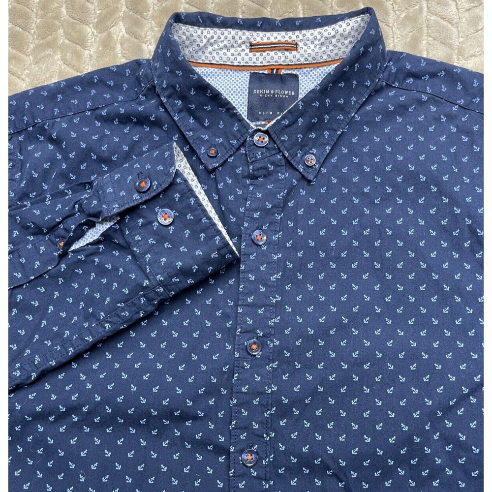 Denim & Flower Men's Medium Slim Fit Flip Cuff Anchors Navy Blue Long‎ Sleeve
